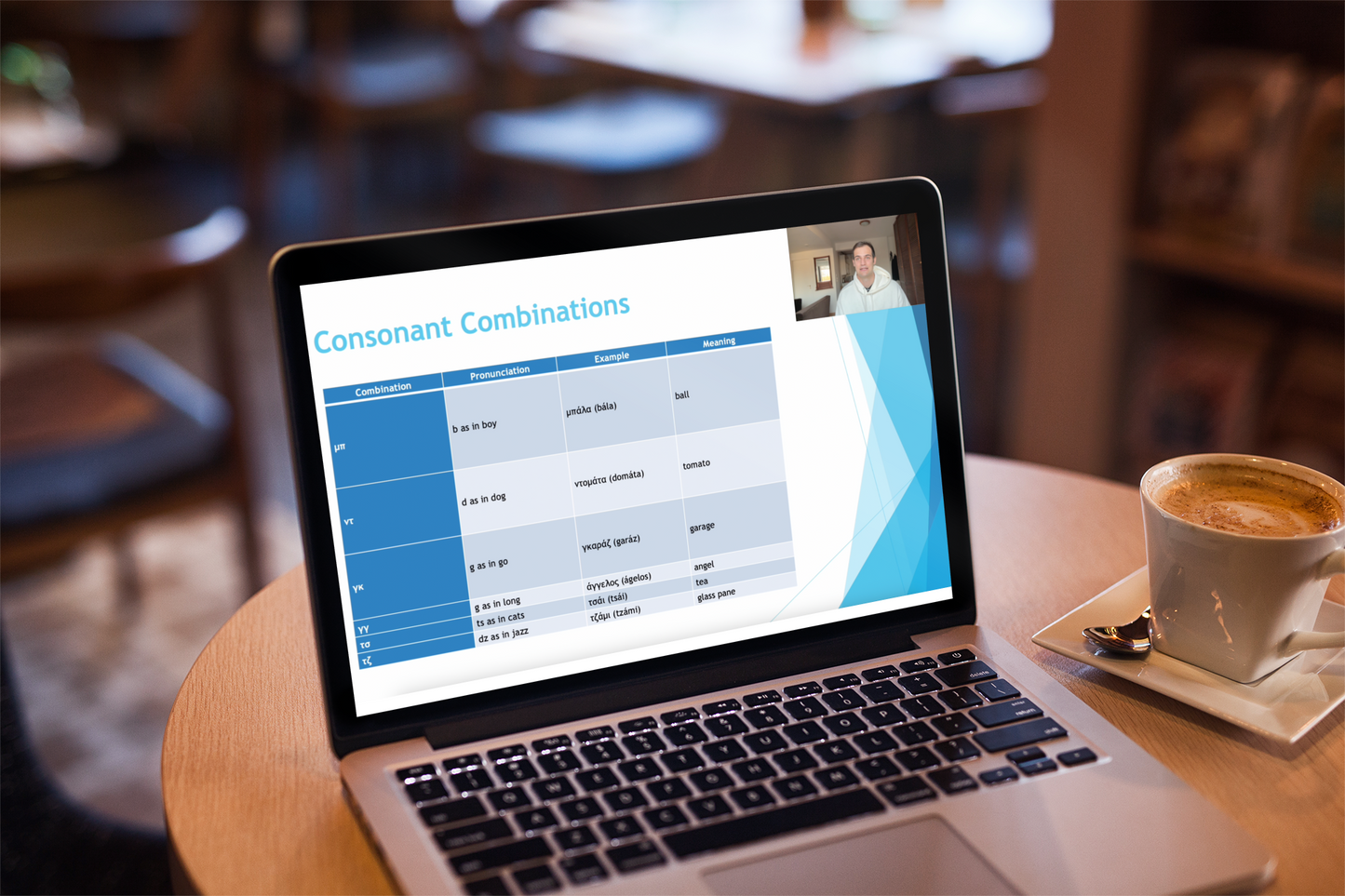 Laptop on a table with educational software open, coffee cup nearby