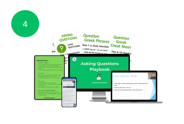 Collection of Asking questions in Greek educational materials including a playbook, cheat sheet, and digital resources on a white background.