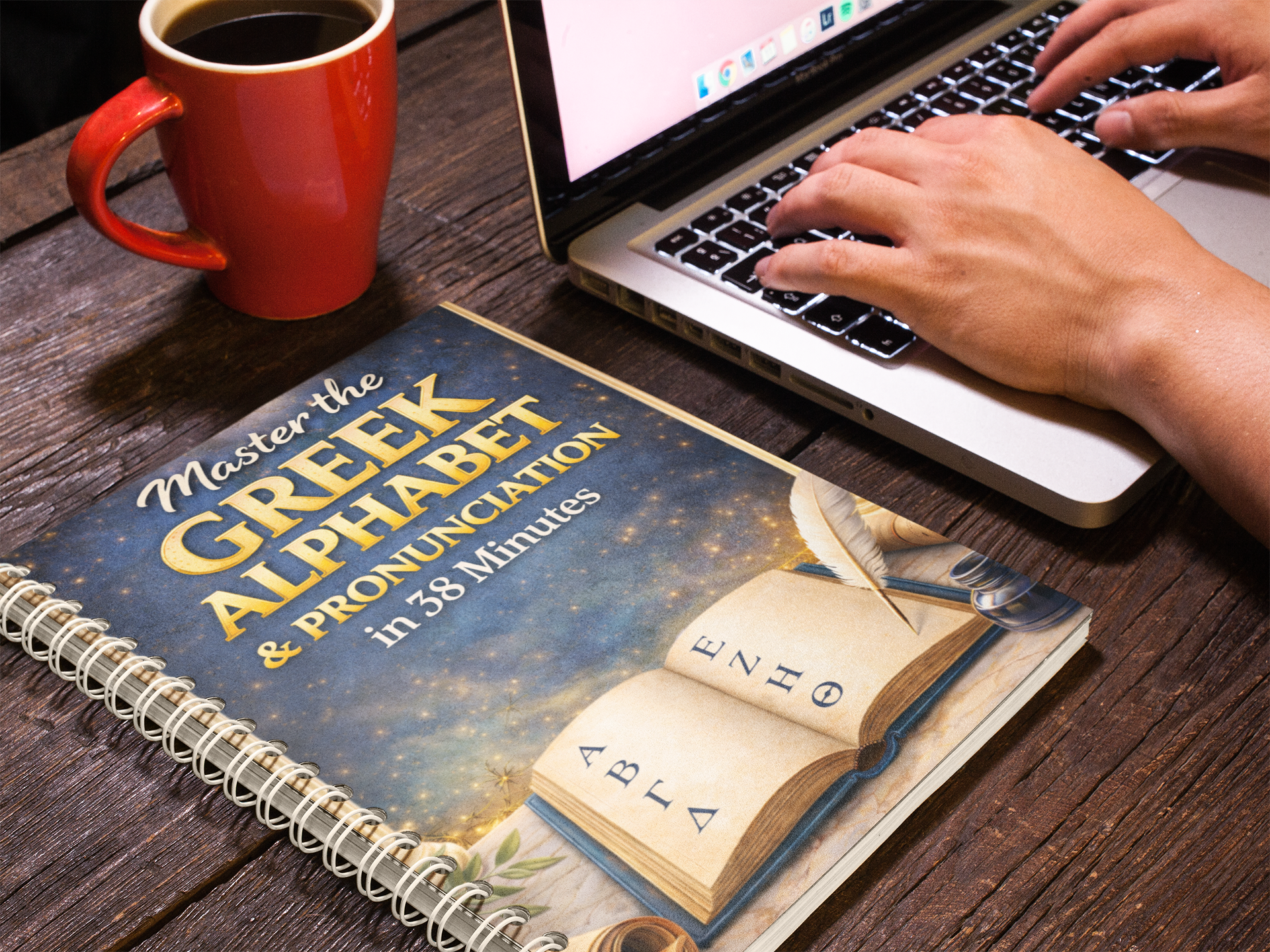 Person using a laptop with a book titled 'Master the Greek Alphabet & Pronunciation' on a wooden table.