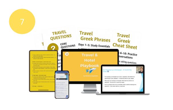 Educational materials for learning travel Greek, including a tablet, smartphone, and computer monitor.